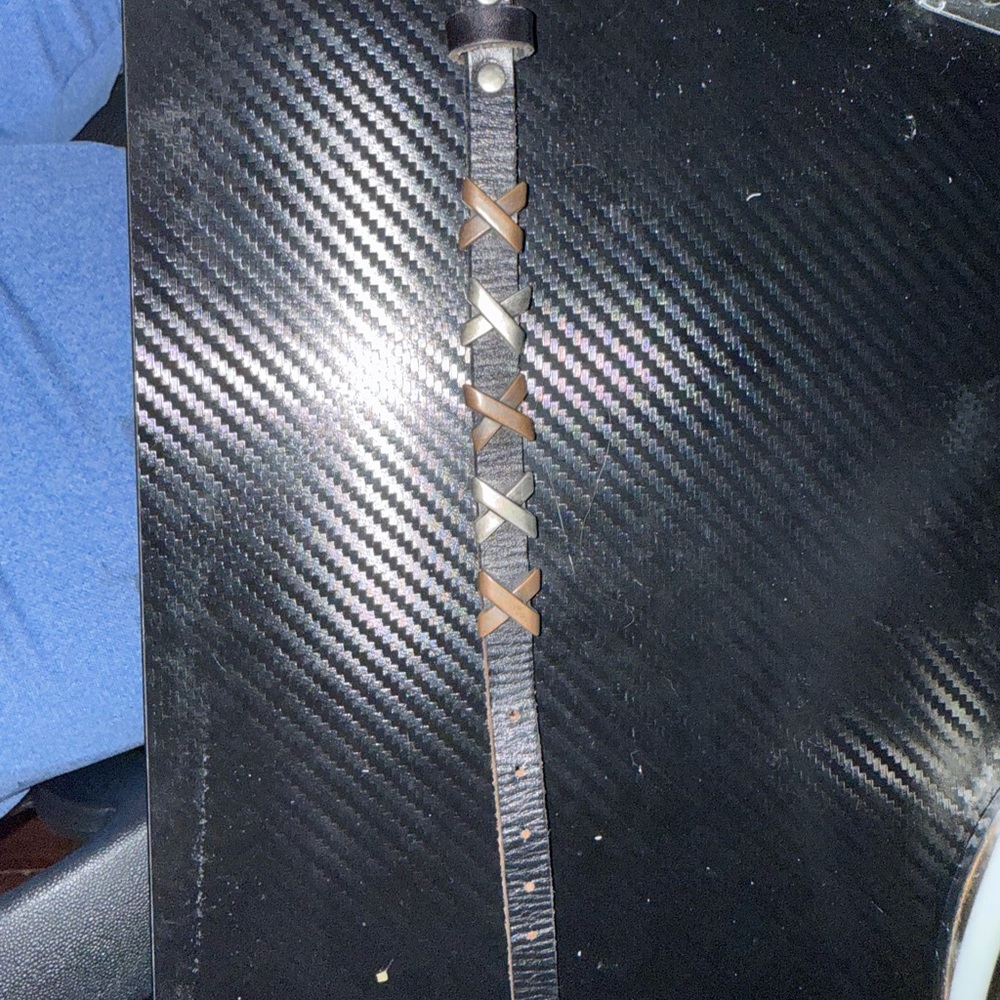 Black Leather Belt with Brown and Silver Accents